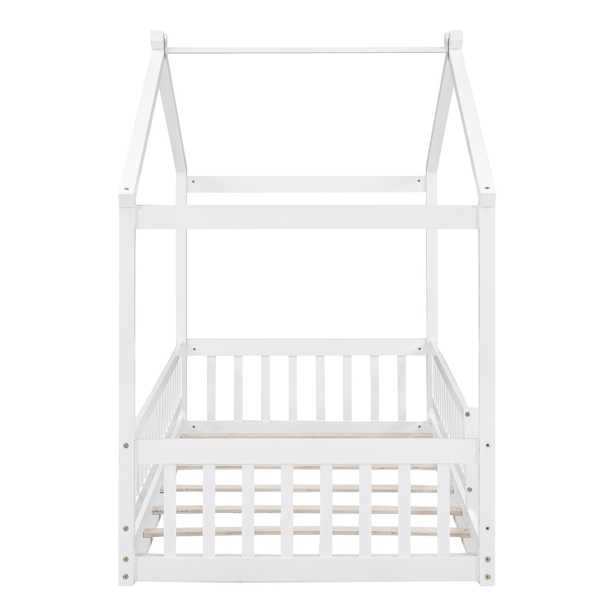 Bellemave® House Bed Full Size Floor Bed with Fence Railings, Wooden Montessori Style Bed Frame for Kids, White - Bellemave