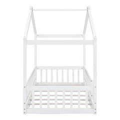 Bellemave® House Bed Full Size Floor Bed with Fence Railings, Wooden Montessori Style Bed Frame for Kids, White - Bellemave