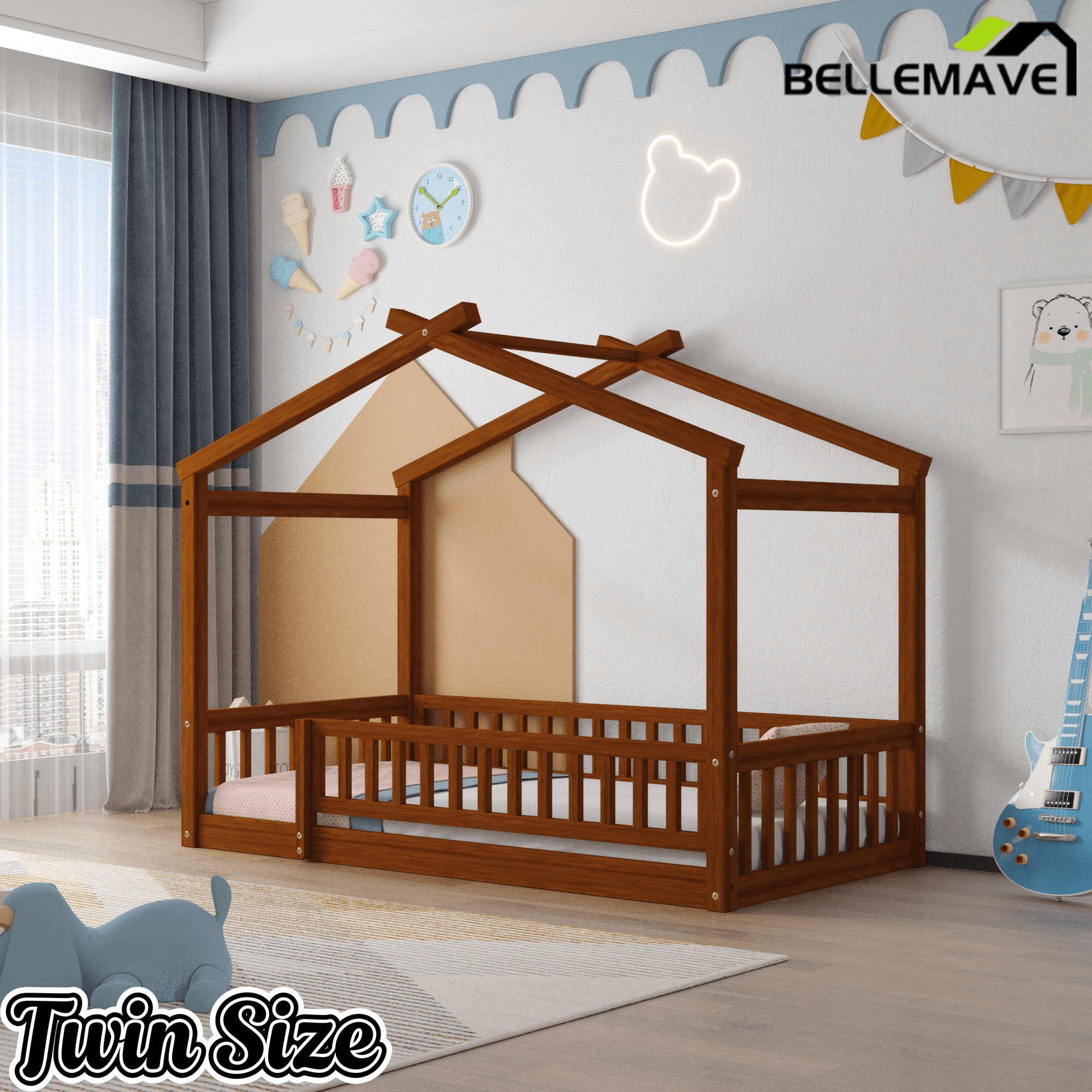 Bellemave® House Bed Full Size Floor Bed with Fence Railings, Wooden Montessori Style Bed Frame for Kids, White - Bellemave