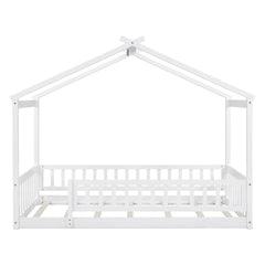 Bellemave® House Bed Full Size Floor Bed with Fence Railings, Wooden Montessori Style Bed Frame for Kids, White - Bellemave