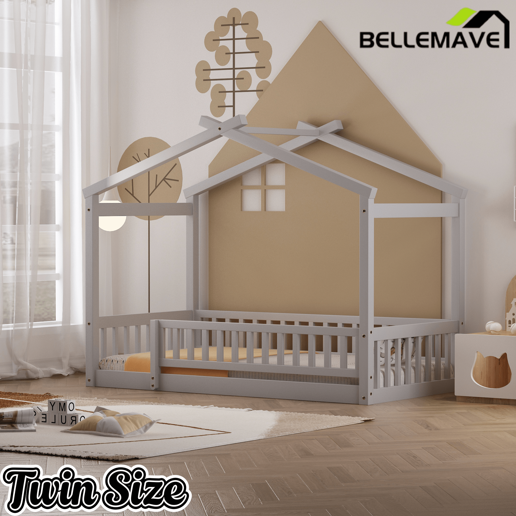 Bellemave® House Bed Full Size Floor Bed with Fence Railings, Wooden Montessori Style Bed Frame for Kids, White - Bellemave