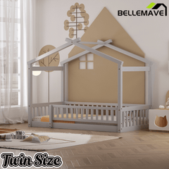 Bellemave® House Bed Full Size Floor Bed with Fence Railings, Wooden Montessori Style Bed Frame for Kids, White - Bellemave