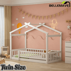 Bellemave® House Bed Full Size Floor Bed with Fence Railings, Wooden Montessori Style Bed Frame for Kids, White - Bellemave