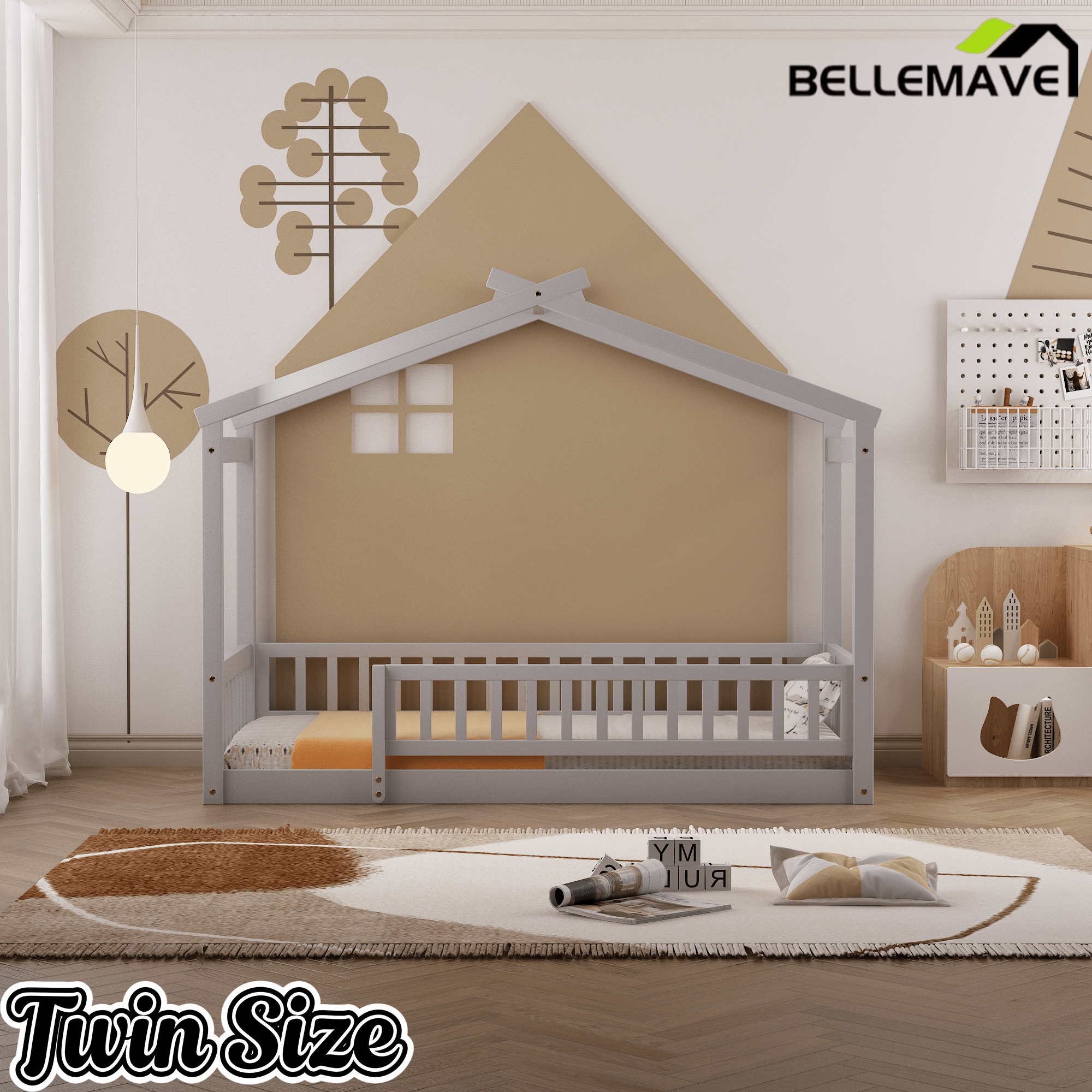Bellemave® House Bed Full Size Floor Bed with Fence Railings, Wooden Montessori Style Bed Frame for Kids, White - Bellemave