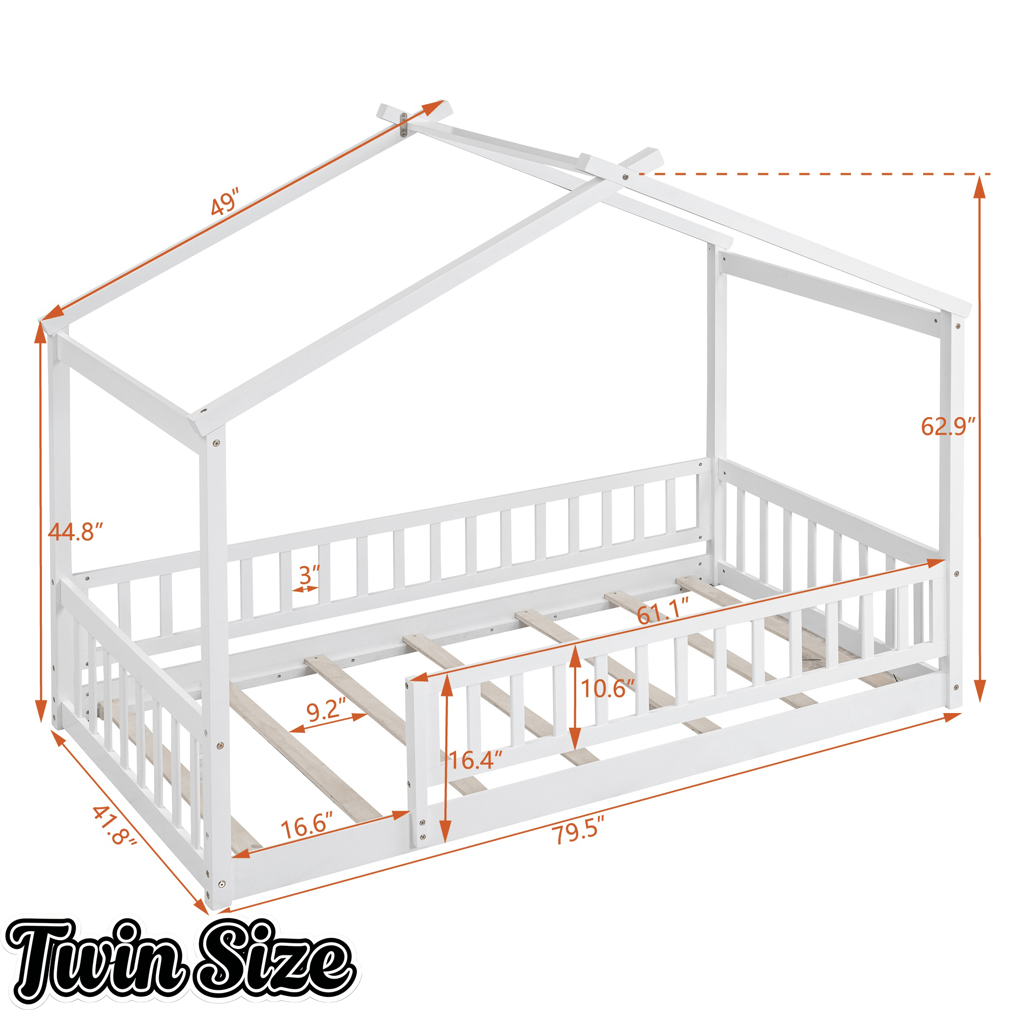 Bellemave® House Bed Full Size Floor Bed with Fence Railings, Wooden Montessori Style Bed Frame for Kids, White - Bellemave