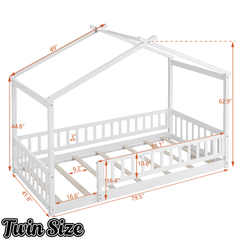 Bellemave® House Bed Full Size Floor Bed with Fence Railings, Wooden Montessori Style Bed Frame for Kids, White - Bellemave