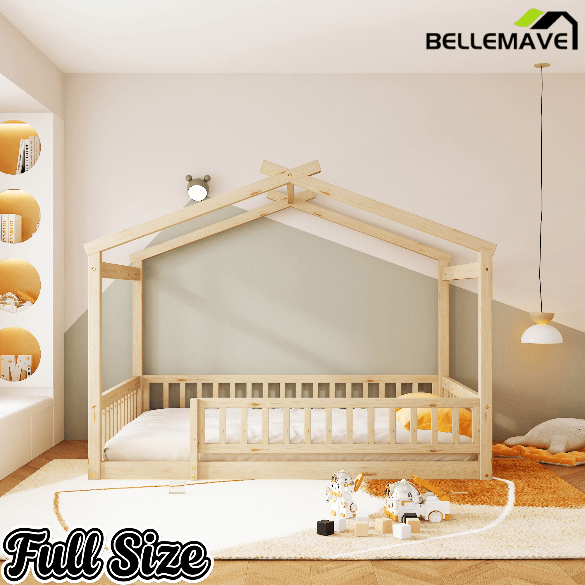 Bellemave® House Bed Full Size Floor Bed with Fence Railings, Wooden Montessori Style Bed Frame for Kids, White - Bellemave