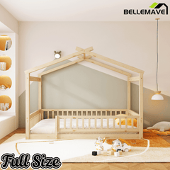 Bellemave® House Bed Full Size Floor Bed with Fence Railings, Wooden Montessori Style Bed Frame for Kids, White - Bellemave