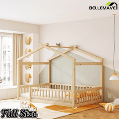 Bellemave® House Bed Full Size Floor Bed with Fence Railings, Wooden Montessori Style Bed Frame for Kids, White - Bellemave