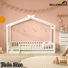 Bellemave® House Bed Full Size Floor Bed with Fence Railings, Wooden Montessori Style Bed Frame for Kids, White - Bellemave
