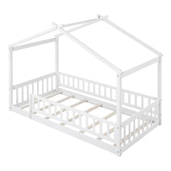 Bellemave® House Bed Full Size Floor Bed with Fence Railings, Wooden Montessori Style Bed Frame for Kids, White - Bellemave