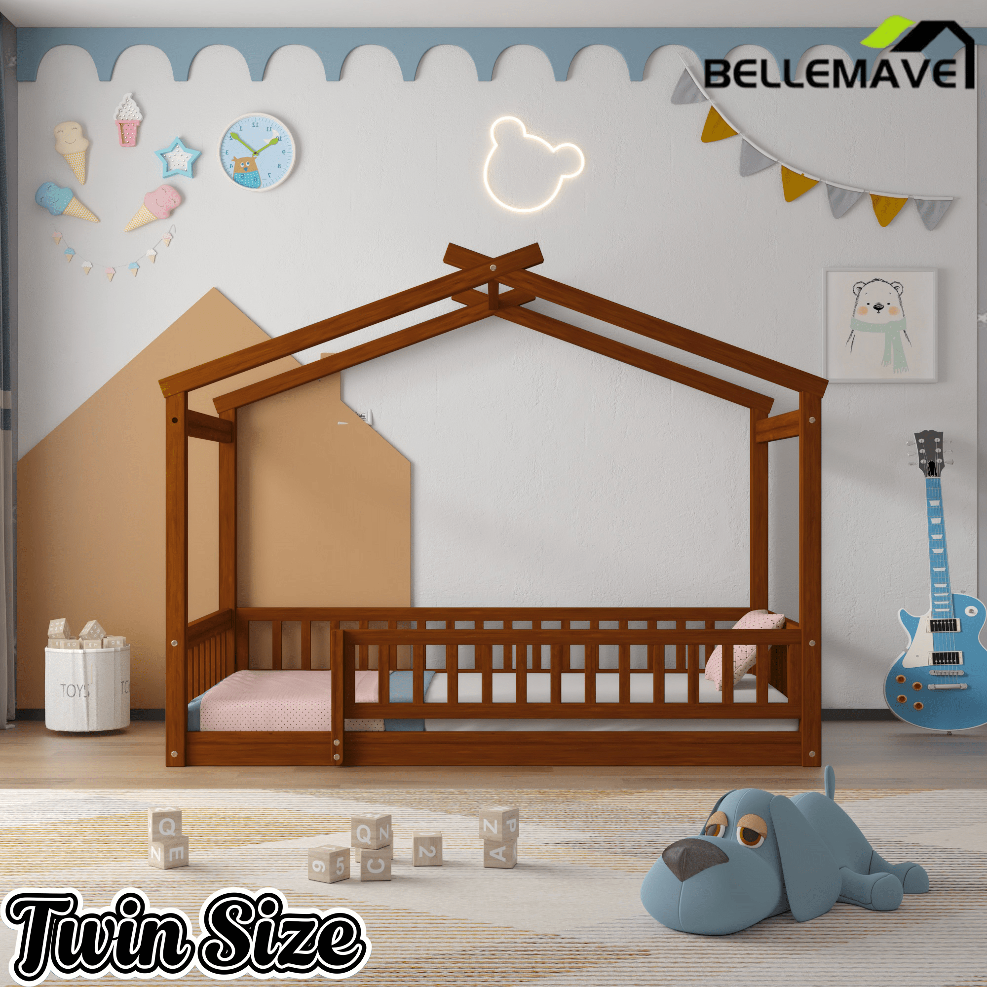 Bellemave® House Bed Full Size Floor Bed with Fence Railings, Wooden Montessori Style Bed Frame for Kids, White - Bellemave