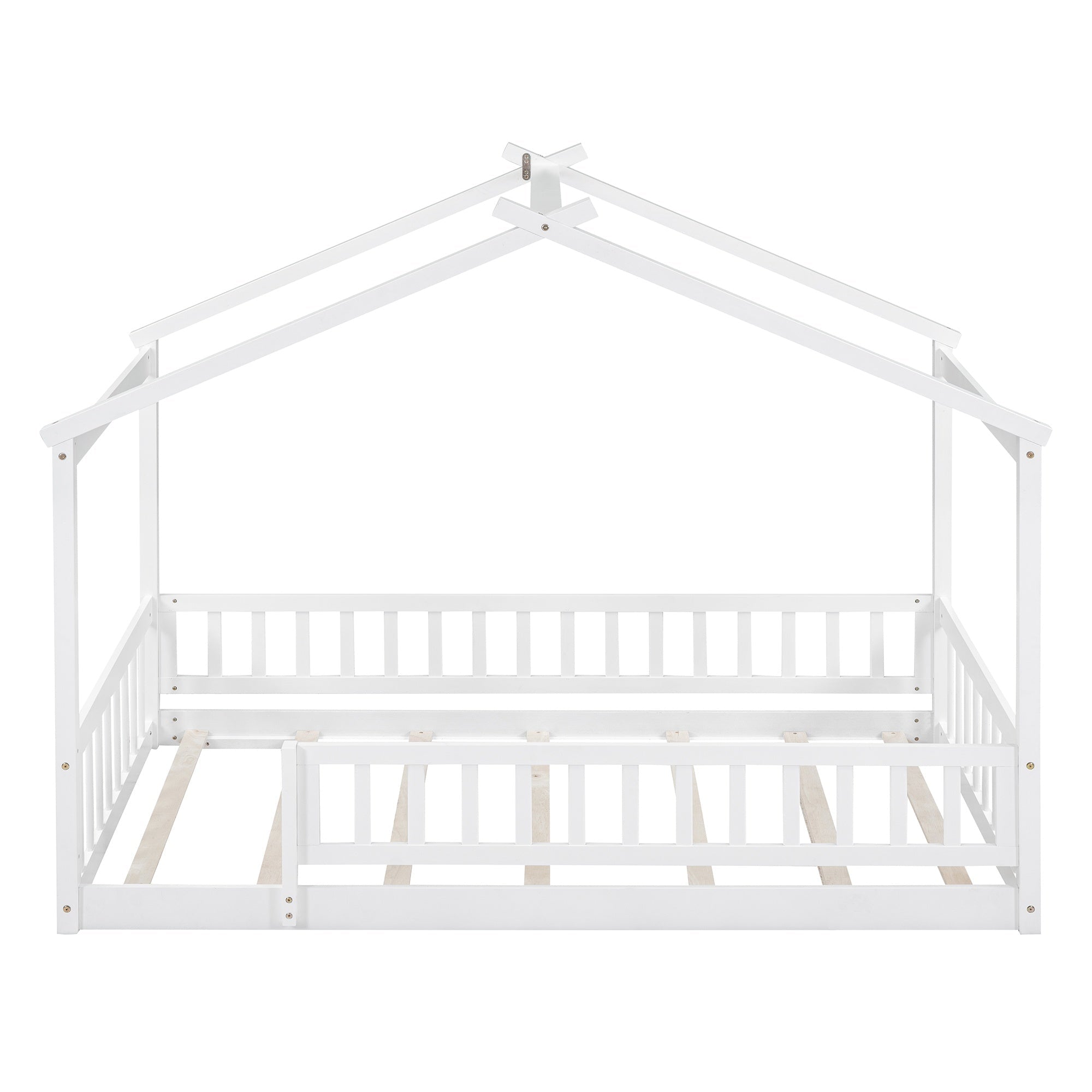 Bellemave® House Bed Full Size Floor Bed with Fence Railings, Wooden Montessori Style Bed Frame for Kids, White - Bellemave