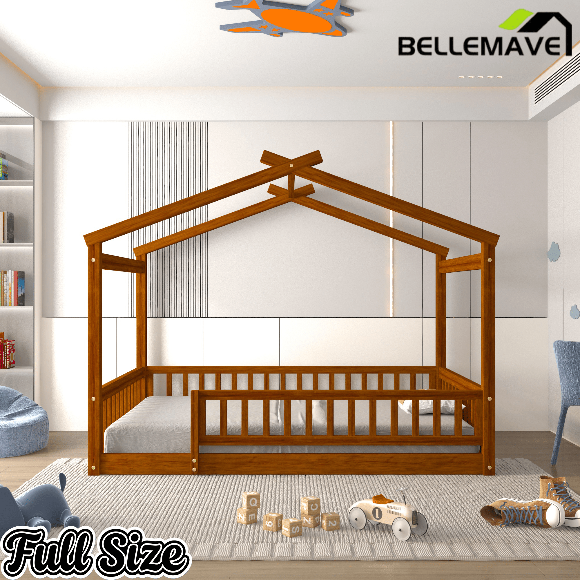 Bellemave® House Bed Full Size Floor Bed with Fence Railings, Wooden Montessori Style Bed Frame for Kids, White - Bellemave