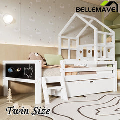 Bellemave® House Bed with 2 Blackboard Design, Ladder and Storage Drawers - Bellemave