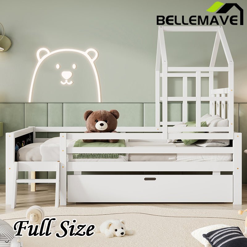 Bellemave® House Bed with 2 Blackboard Design, Ladder and Storage Drawers - Bellemave