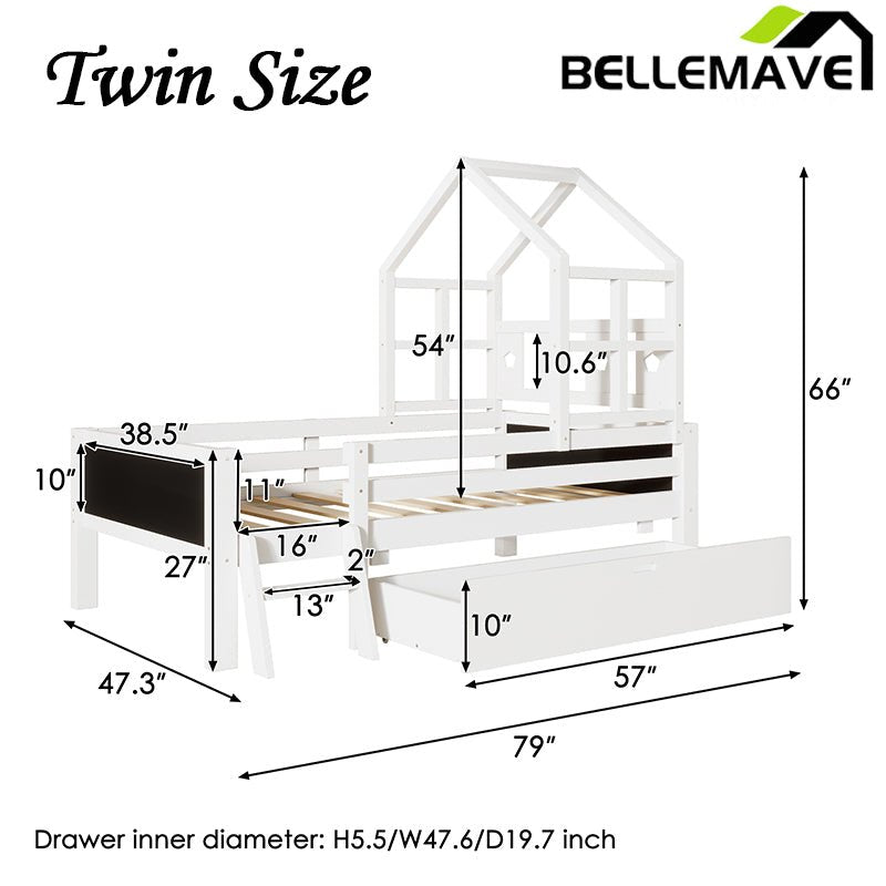 Bellemave® House Bed with 2 Blackboard Design, Ladder and Storage Drawers - Bellemave