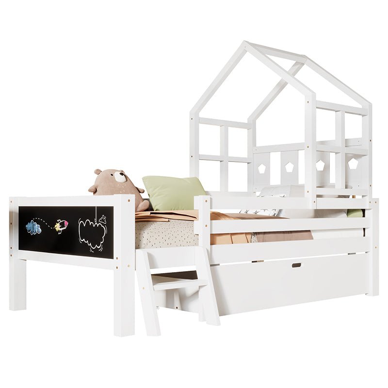 Bellemave® House Bed with 2 Blackboard Design, Ladder and Storage Drawers - Bellemave