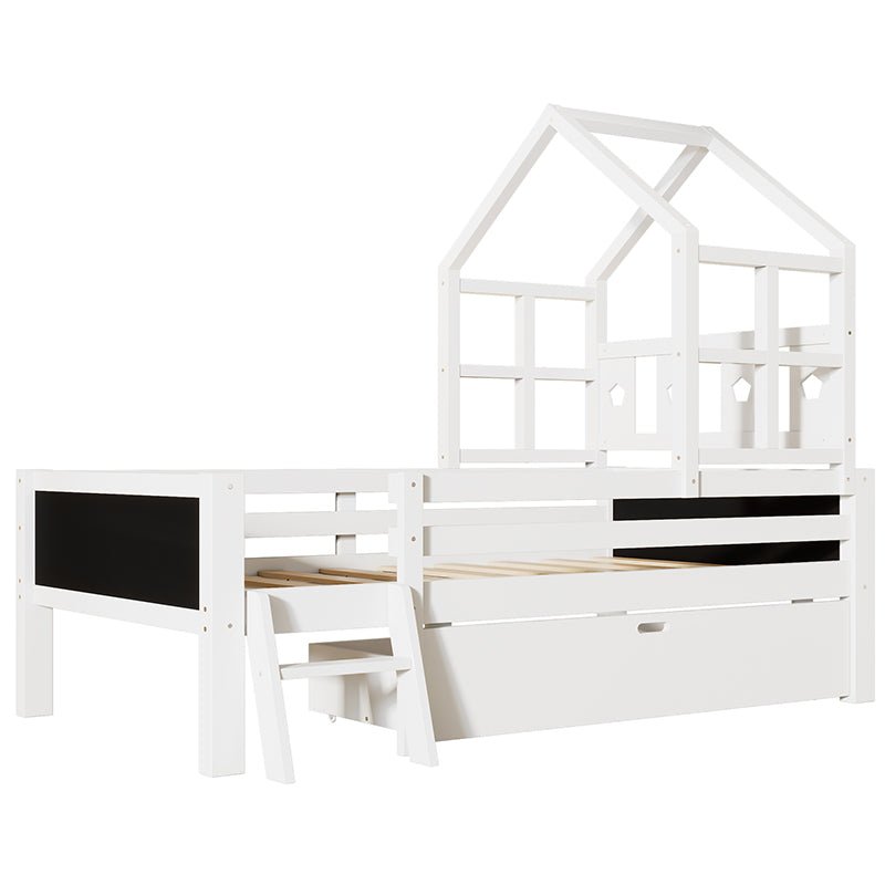 Bellemave® House Bed with 2 Blackboard Design, Ladder and Storage Drawers - Bellemave
