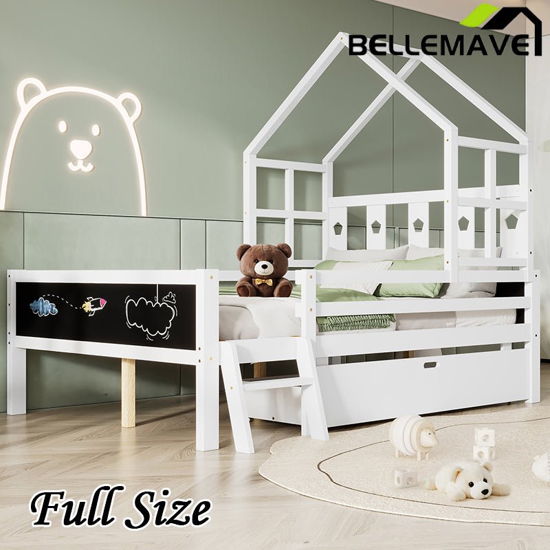 Bellemave® House Bed with 2 Blackboard Design, Ladder and Storage Drawers - Bellemave