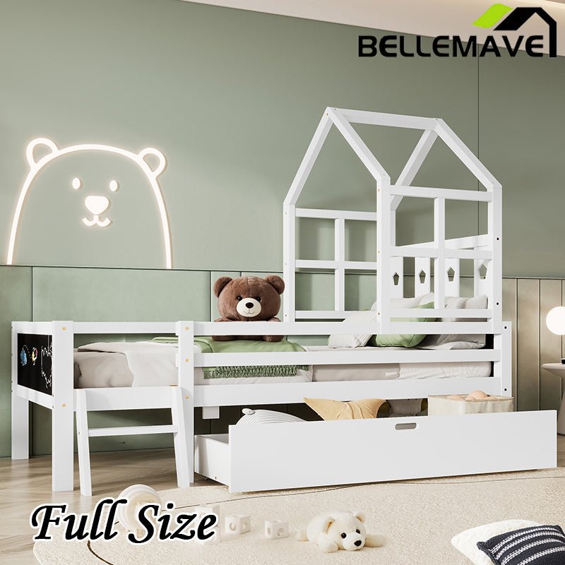 Bellemave® House Bed with 2 Blackboard Design, Ladder and Storage Drawers - Bellemave