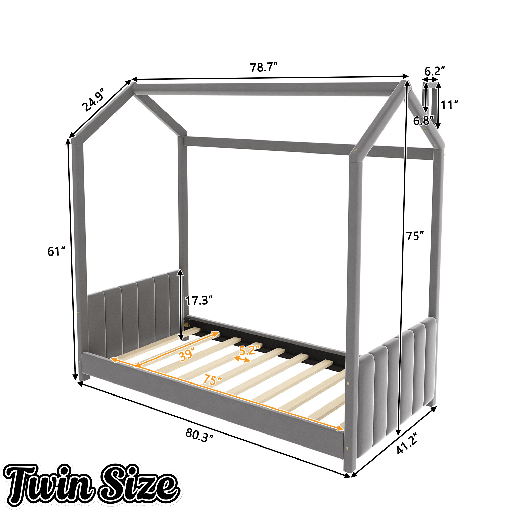 Bellemave® House Bed with Roof, Montessori Floor Bed, Platform Bed with Headboard & Footboard - Bellemave