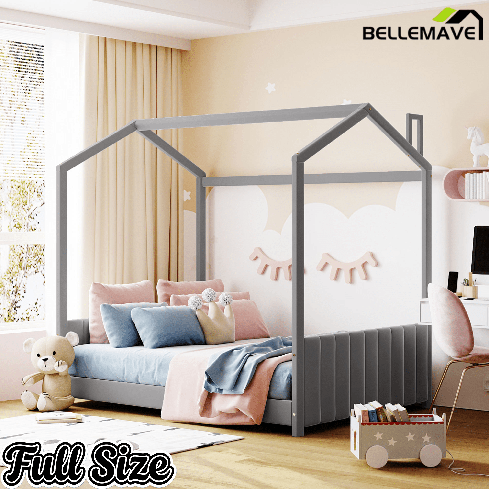 Bellemave® House Bed with Roof, Montessori Floor Bed, Platform Bed with Headboard & Footboard - Bellemave