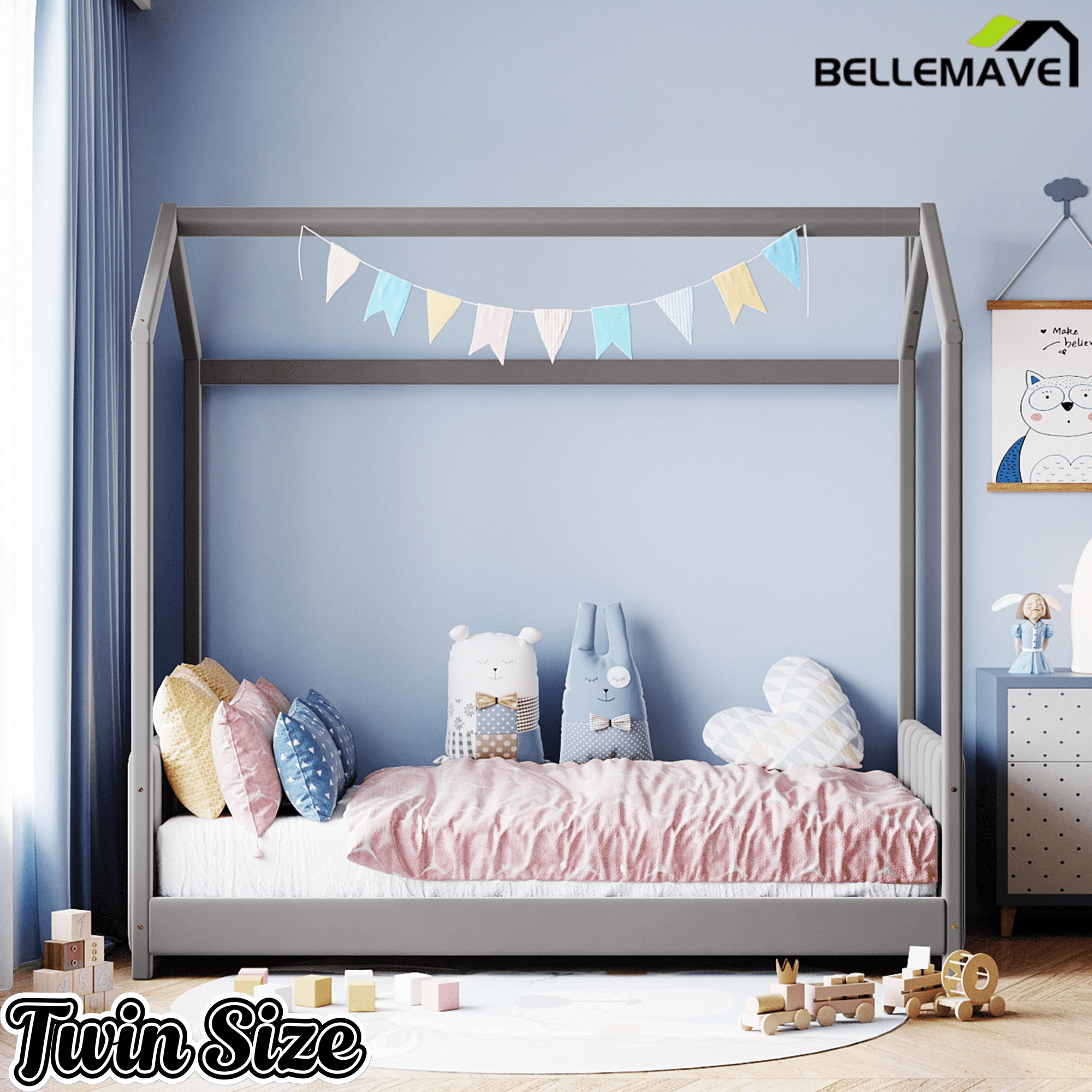 Bellemave® House Bed with Roof, Montessori Floor Bed, Platform Bed with Headboard & Footboard - Bellemave