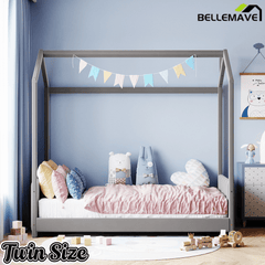 Bellemave® House Bed with Roof, Montessori Floor Bed, Platform Bed with Headboard & Footboard - Bellemave