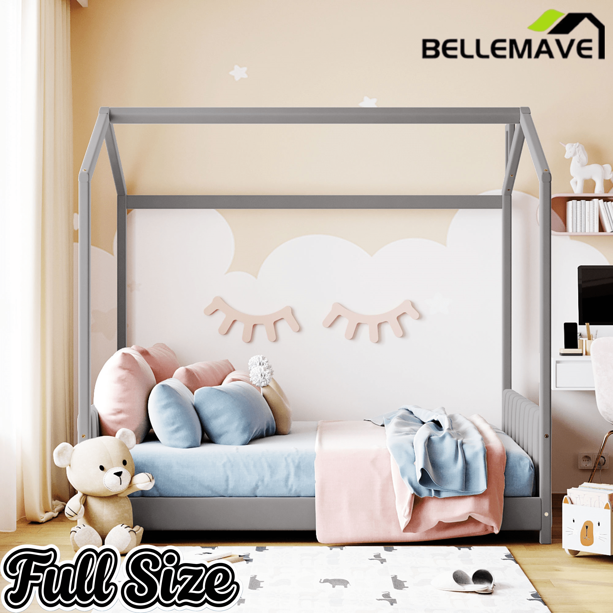 Bellemave® House Bed with Roof, Montessori Floor Bed, Platform Bed with Headboard & Footboard - Bellemave