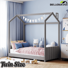 Bellemave® House Bed with Roof, Montessori Floor Bed, Platform Bed with Headboard & Footboard - Bellemave