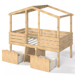Bellemave® House Bed with Stairs & Storage Drawers for Kids, Wood Low Loft Bed Frame, House-shaped Roof, Childlike Design, Farmhouse Style - Bellemave