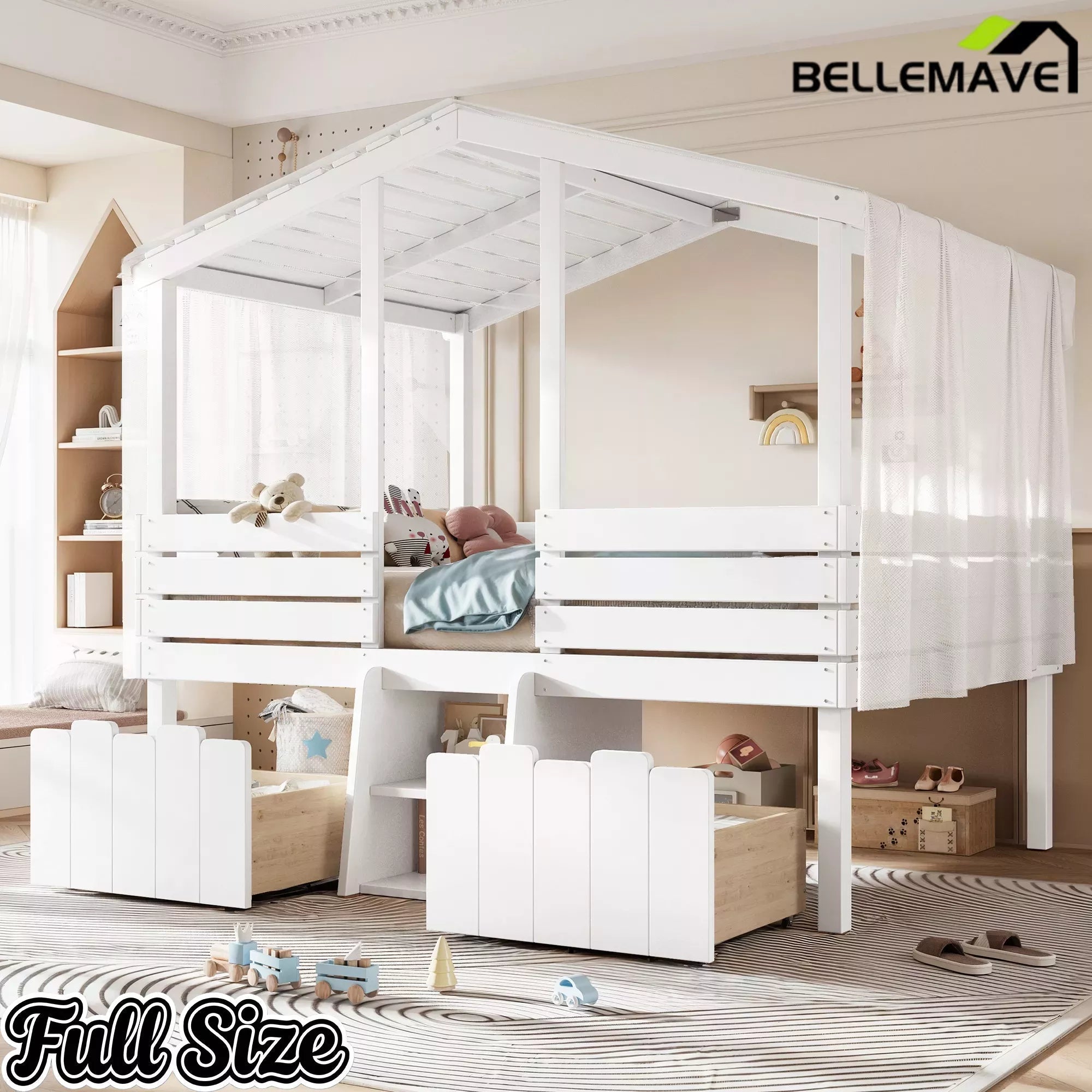 Bellemave® House Bed with Stairs & Storage Drawers for Kids, Wood Low Loft Bed Frame, House-shaped Roof, Childlike Design, Farmhouse Style - Bellemave
