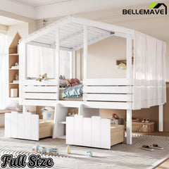 Bellemave® House Bed with Stairs & Storage Drawers for Kids, Wood Low Loft Bed Frame, House-shaped Roof, Childlike Design, Farmhouse Style - Bellemave