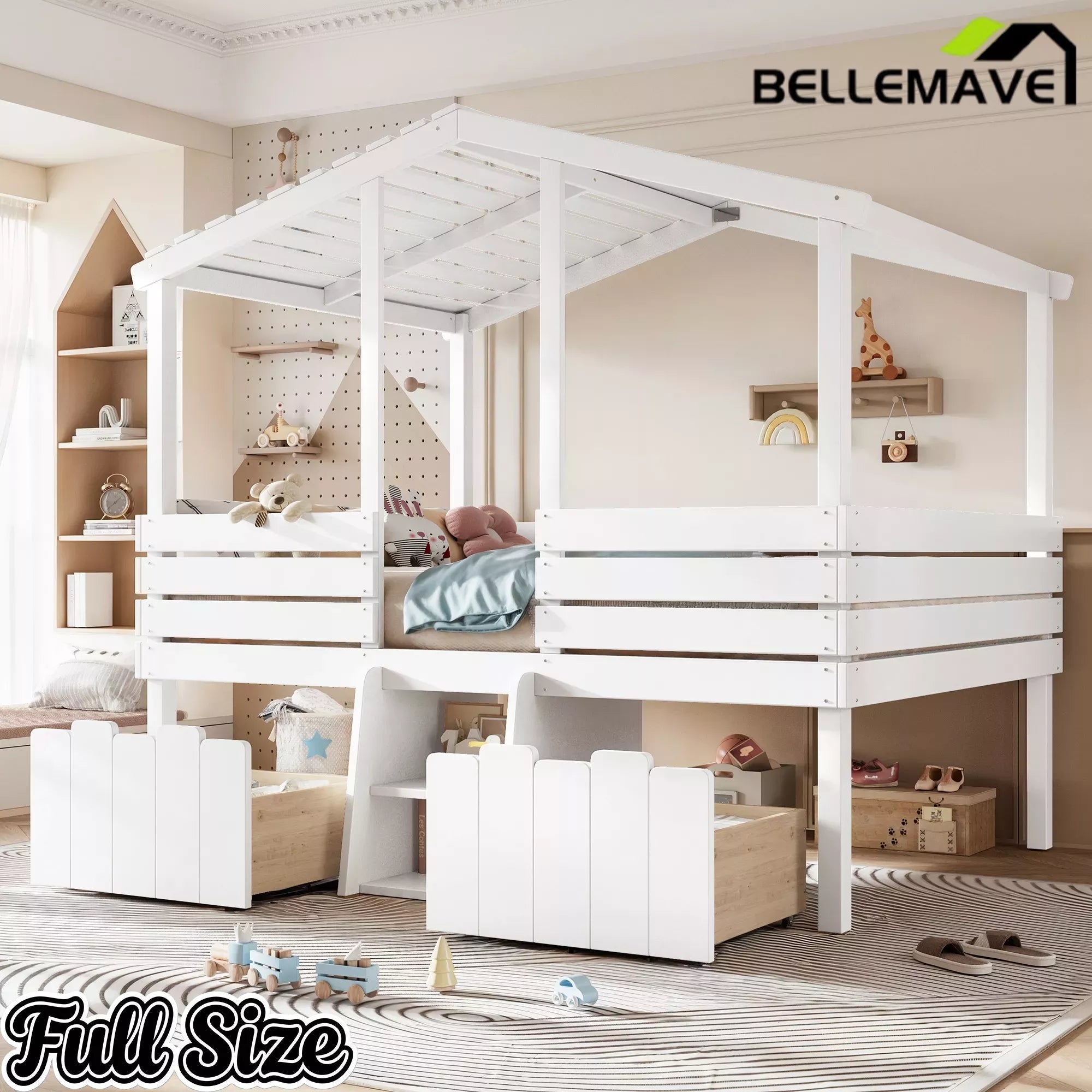Bellemave® House Bed with Stairs & Storage Drawers for Kids, Wood Low Loft Bed Frame, House-shaped Roof, Childlike Design, Farmhouse Style - Bellemave