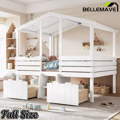 Bellemave® House Bed with Stairs & Storage Drawers for Kids, Wood Low Loft Bed Frame, House-shaped Roof, Childlike Design, Farmhouse Style - Bellemave