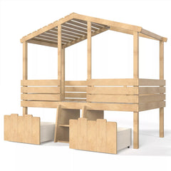 Bellemave® House Bed with Stairs & Storage Drawers for Kids, Wood Low Loft Bed Frame, House-shaped Roof, Childlike Design, Farmhouse Style - Bellemave