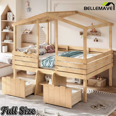 Bellemave® House Bed with Stairs & Storage Drawers for Kids, Wood Low Loft Bed Frame, House-shaped Roof, Childlike Design, Farmhouse Style - Bellemave