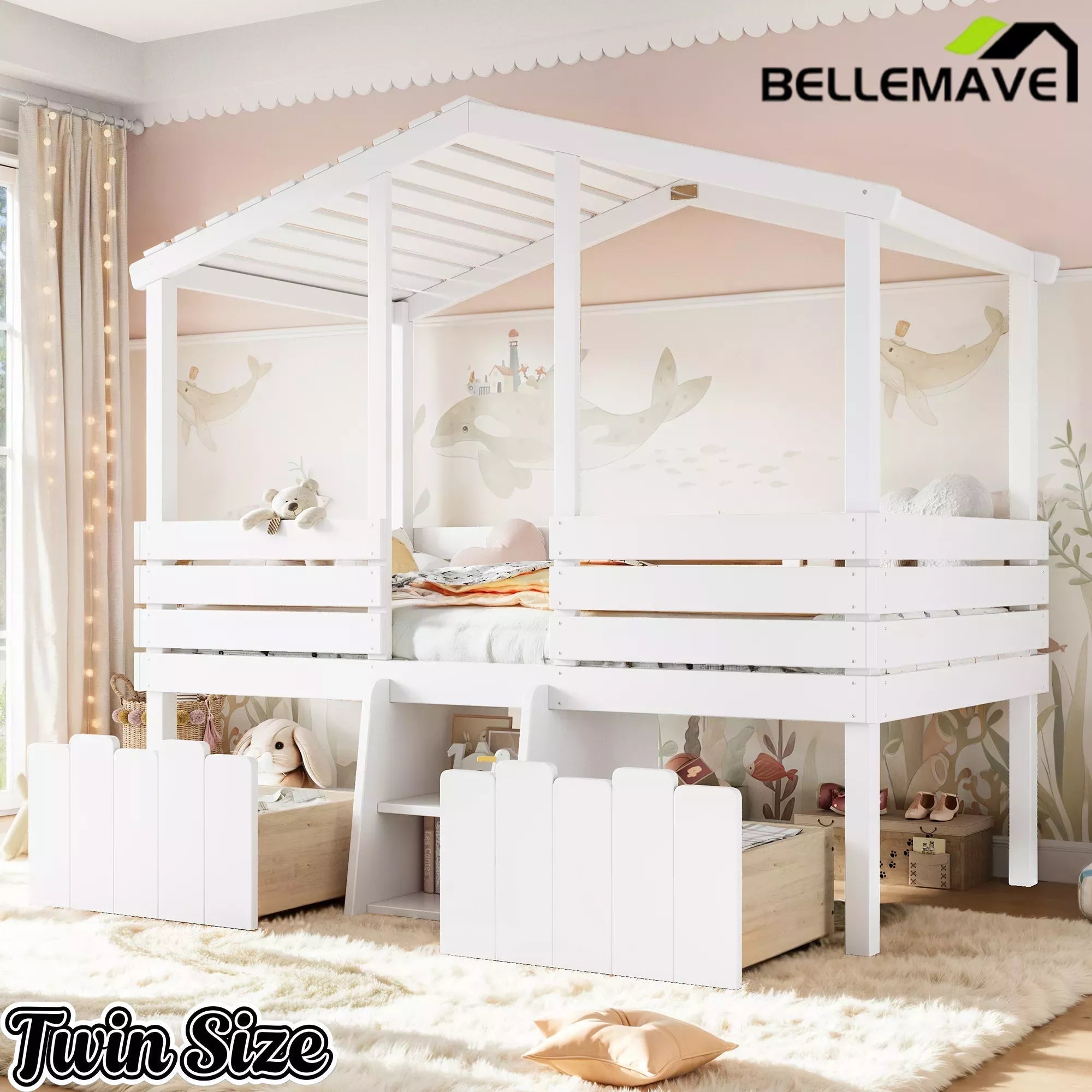 Bellemave® House Bed with Stairs & Storage Drawers for Kids, Wood Low Loft Bed Frame, House-shaped Roof, Childlike Design, Farmhouse Style - Bellemave