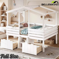 Bellemave® House Bed with Stairs & Storage Drawers for Kids, Wood Low Loft Bed Frame, House-shaped Roof, Childlike Design, Farmhouse Style - Bellemave