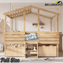 Bellemave® House Bed with Stairs & Storage Drawers for Kids, Wood Low Loft Bed Frame, House-shaped Roof, Childlike Design, Farmhouse Style - Bellemave