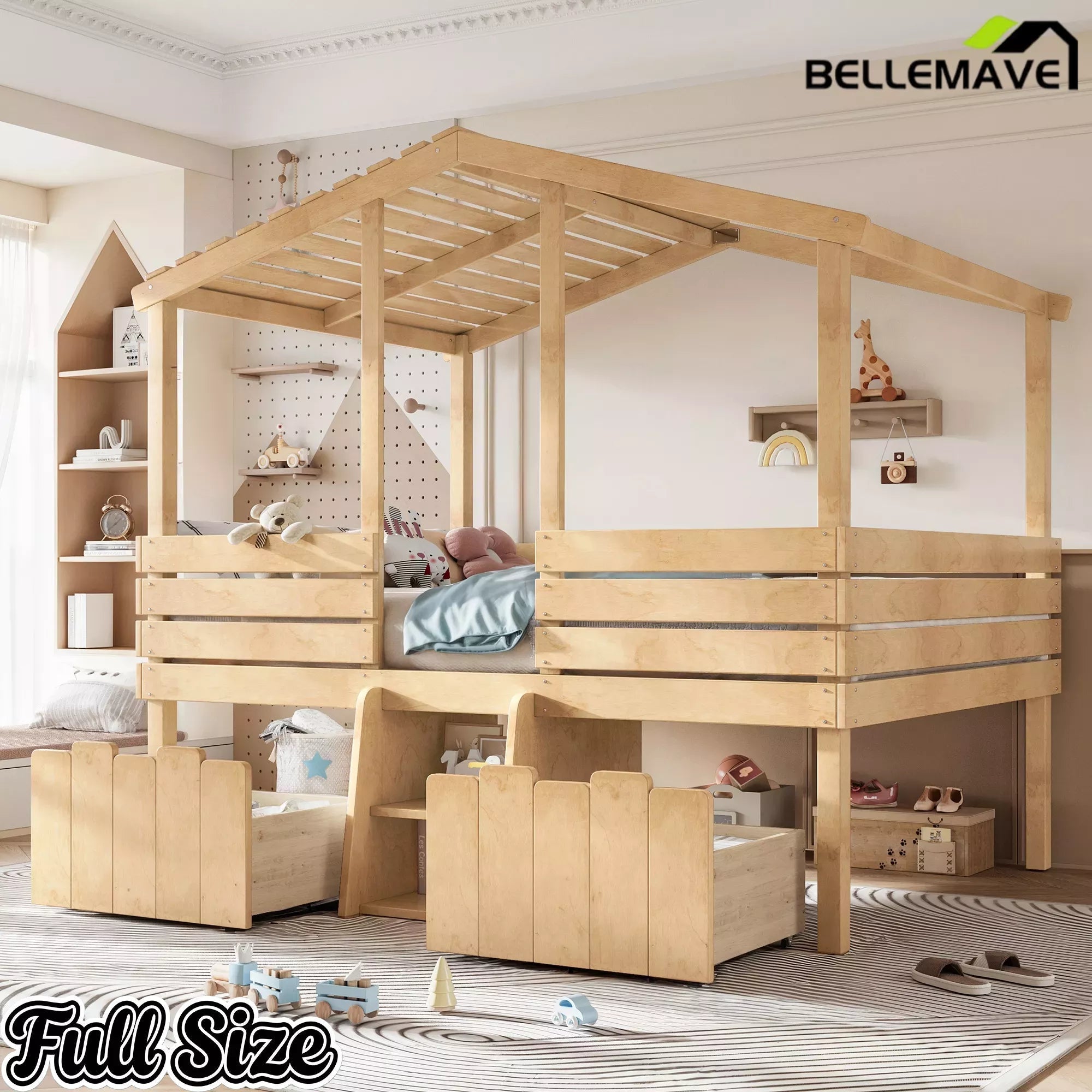 Bellemave® House Bed with Stairs & Storage Drawers for Kids, Wood Low Loft Bed Frame, House-shaped Roof, Childlike Design, Farmhouse Style - Bellemave