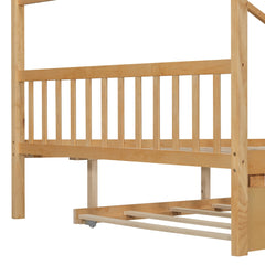 Bellemave® House Bed with Trundle, Montessori House Bed with Roof Design, Wood Daybed Frame, No Box Spring Needed - Bellemave