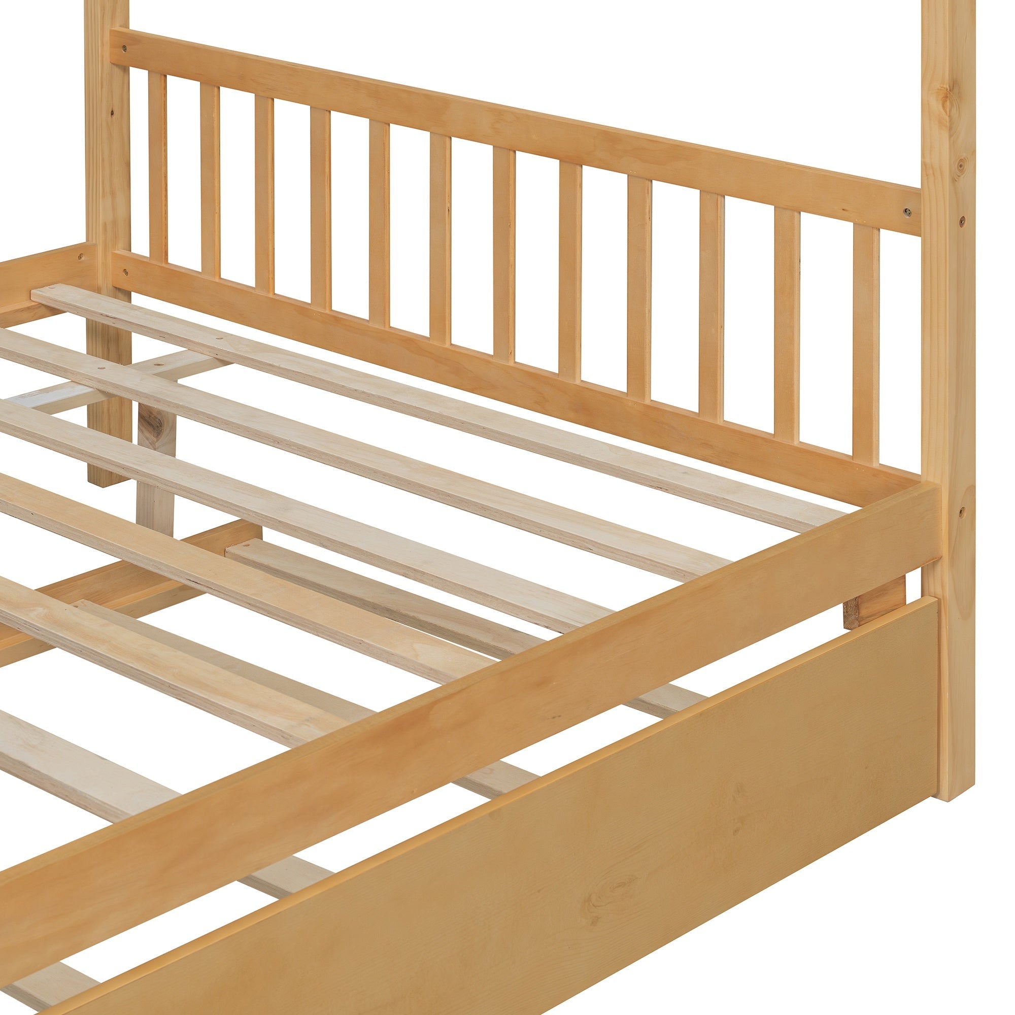 Bellemave® House Bed with Trundle, Montessori House Bed with Roof Design, Wood Daybed Frame, No Box Spring Needed - Bellemave