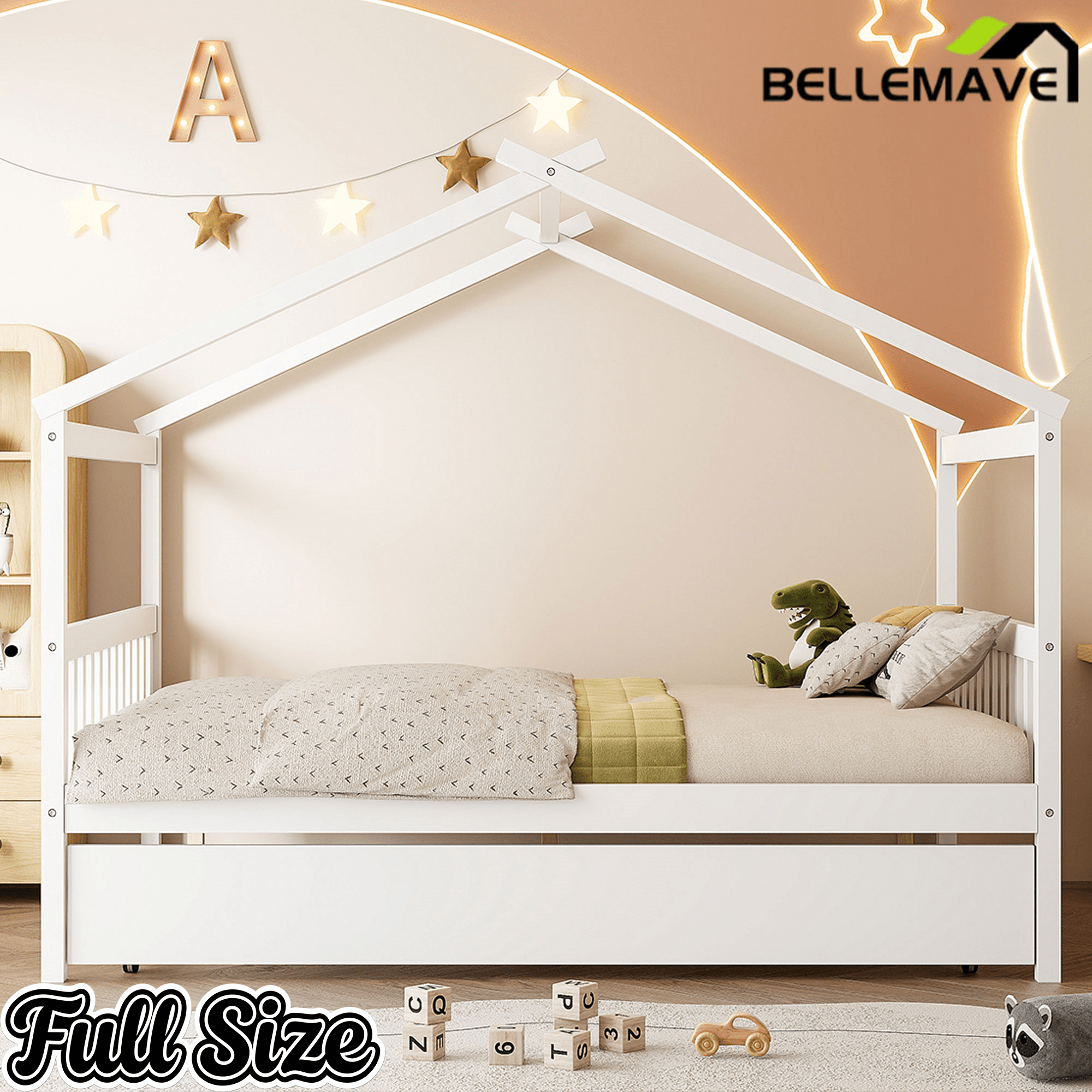 Bellemave® House Bed with Trundle, Montessori House Bed with Roof Design, Wood Daybed Frame, No Box Spring Needed - Bellemave
