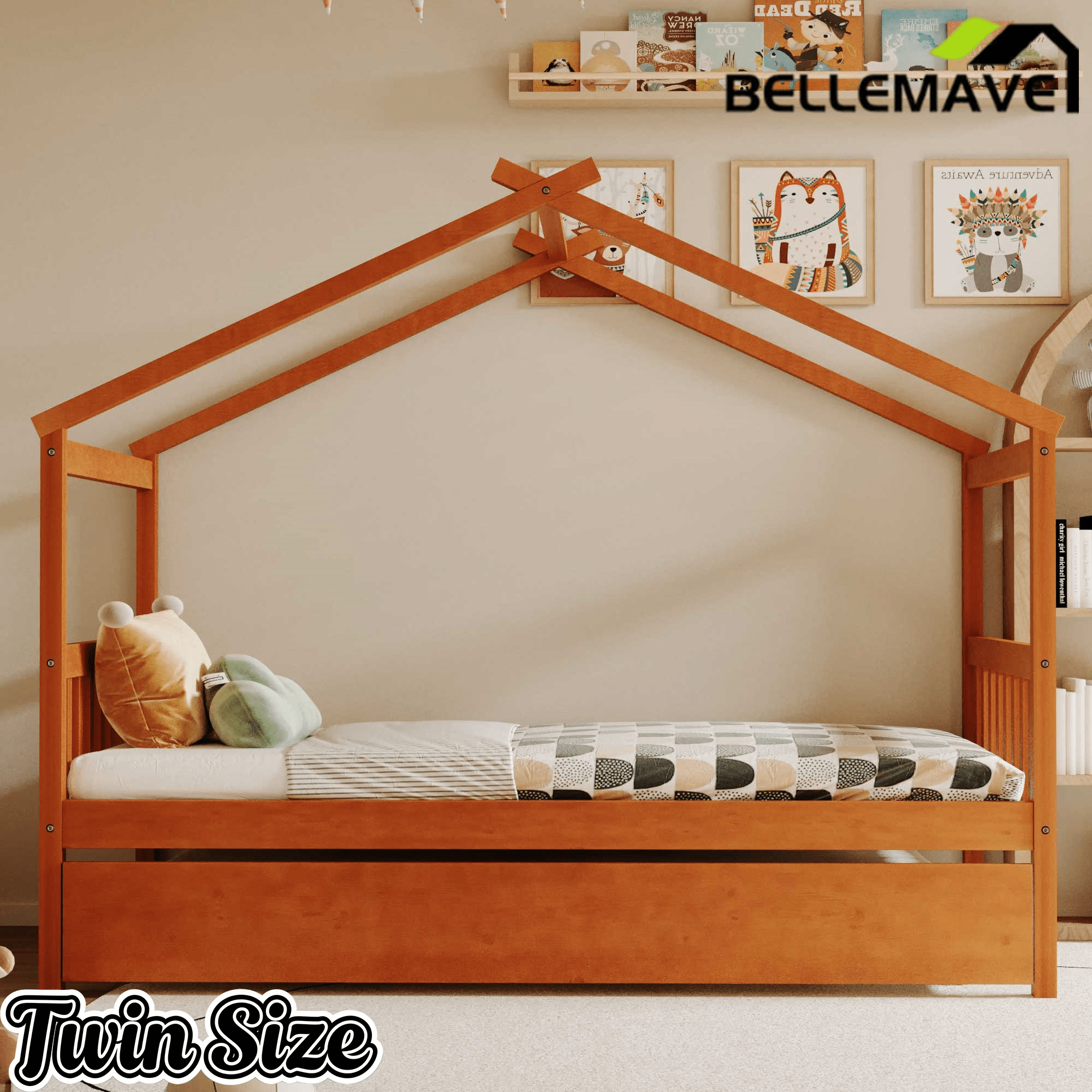 Bellemave® House Bed with Trundle, Montessori House Bed with Roof Design, Wood Daybed Frame, No Box Spring Needed - Bellemave