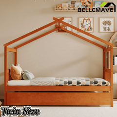 Bellemave® House Bed with Trundle, Montessori House Bed with Roof Design, Wood Daybed Frame, No Box Spring Needed - Bellemave