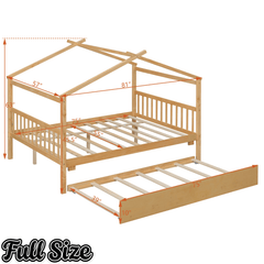 Bellemave® House Bed with Trundle, Montessori House Bed with Roof Design, Wood Daybed Frame, No Box Spring Needed - Bellemave