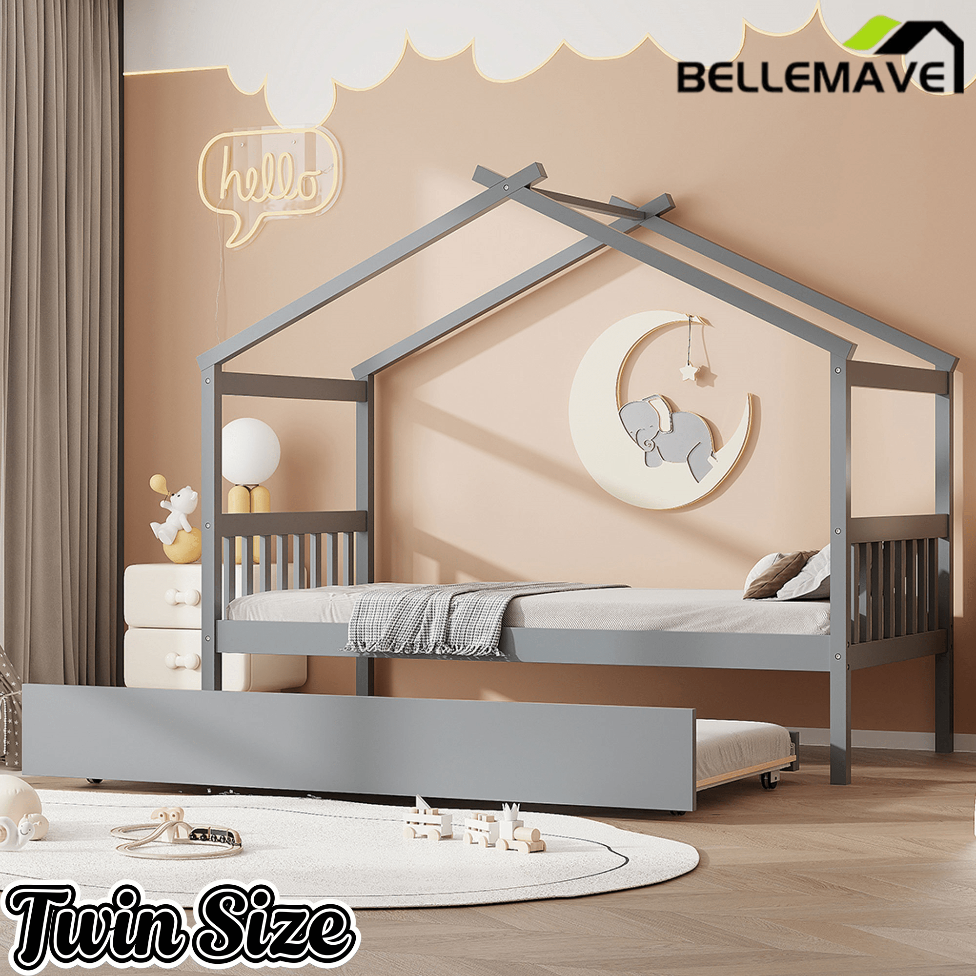 Bellemave® House Bed with Trundle, Montessori House Bed with Roof Design, Wood Daybed Frame, No Box Spring Needed - Bellemave