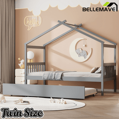 Bellemave® House Bed with Trundle, Montessori House Bed with Roof Design, Wood Daybed Frame, No Box Spring Needed - Bellemave